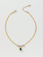 3pcs/set Fashionable White T-shaped Square Green Zirconia Crescent Chain Necklace + Bracelet + Earrings shein