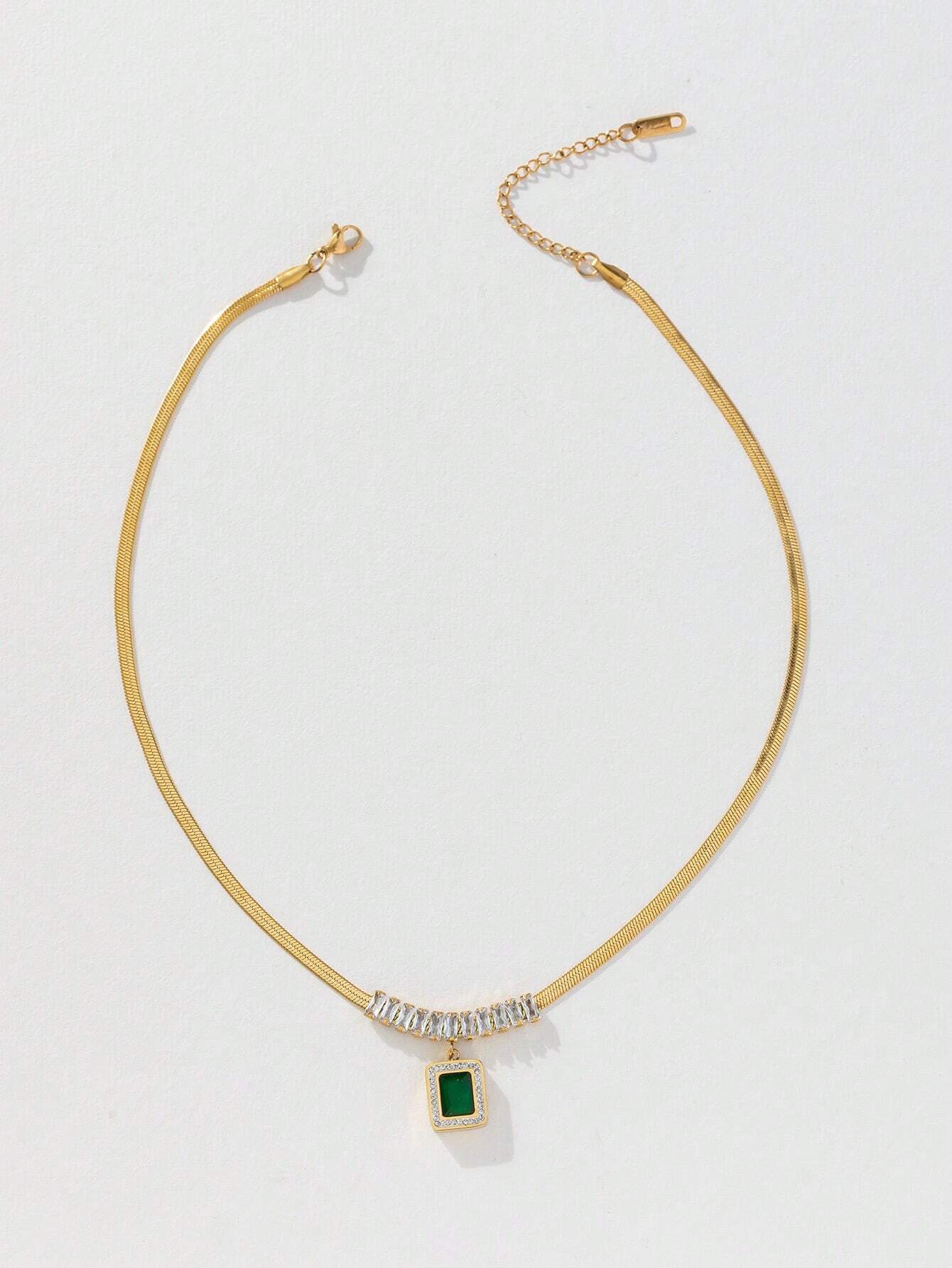 3pcs/set Fashionable White T-shaped Square Green Zirconia Crescent Chain Necklace + Bracelet + Earrings shein