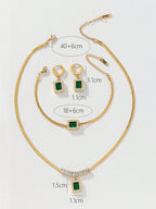 3pcs/set Fashionable White T-shaped Square Green Zirconia Crescent Chain Necklace + Bracelet + Earrings shein