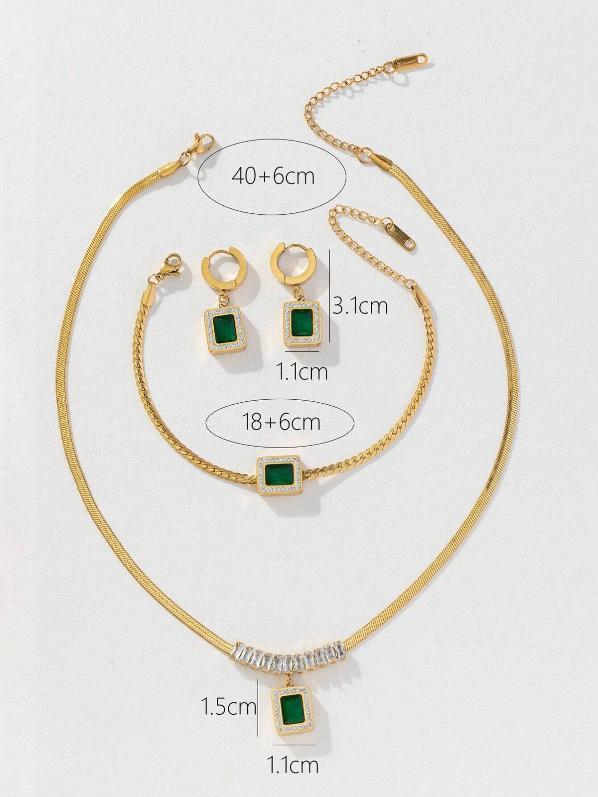 3pcs/set Fashionable White T-shaped Square Green Zirconia Crescent Chain Necklace + Bracelet + Earrings shein