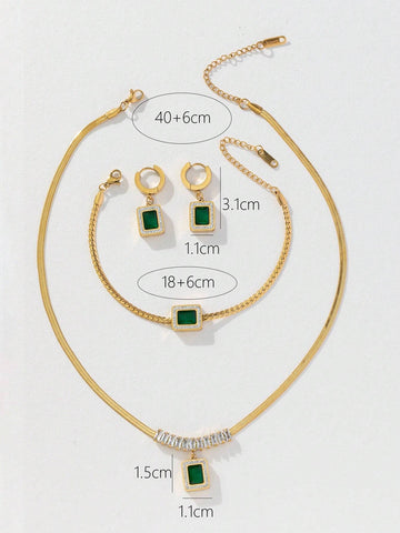 3pcs/set Fashionable White T-shaped Square Green Zirconia Crescent Chain Necklace + Bracelet + Earrings