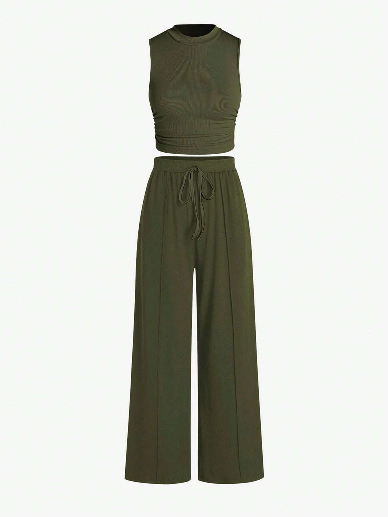 Essnce Summer Casual Solid Color Slim-Fit Ruched Crop Top And Long Pants Set shein