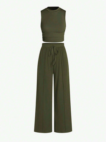 Essnce Summer Casual Solid Color Slim-Fit Ruched Crop Top And Long Pants Set