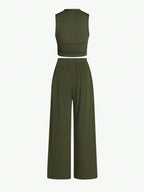 Essnce Summer Casual Solid Color Slim-Fit Ruched Crop Top And Long Pants Set shein