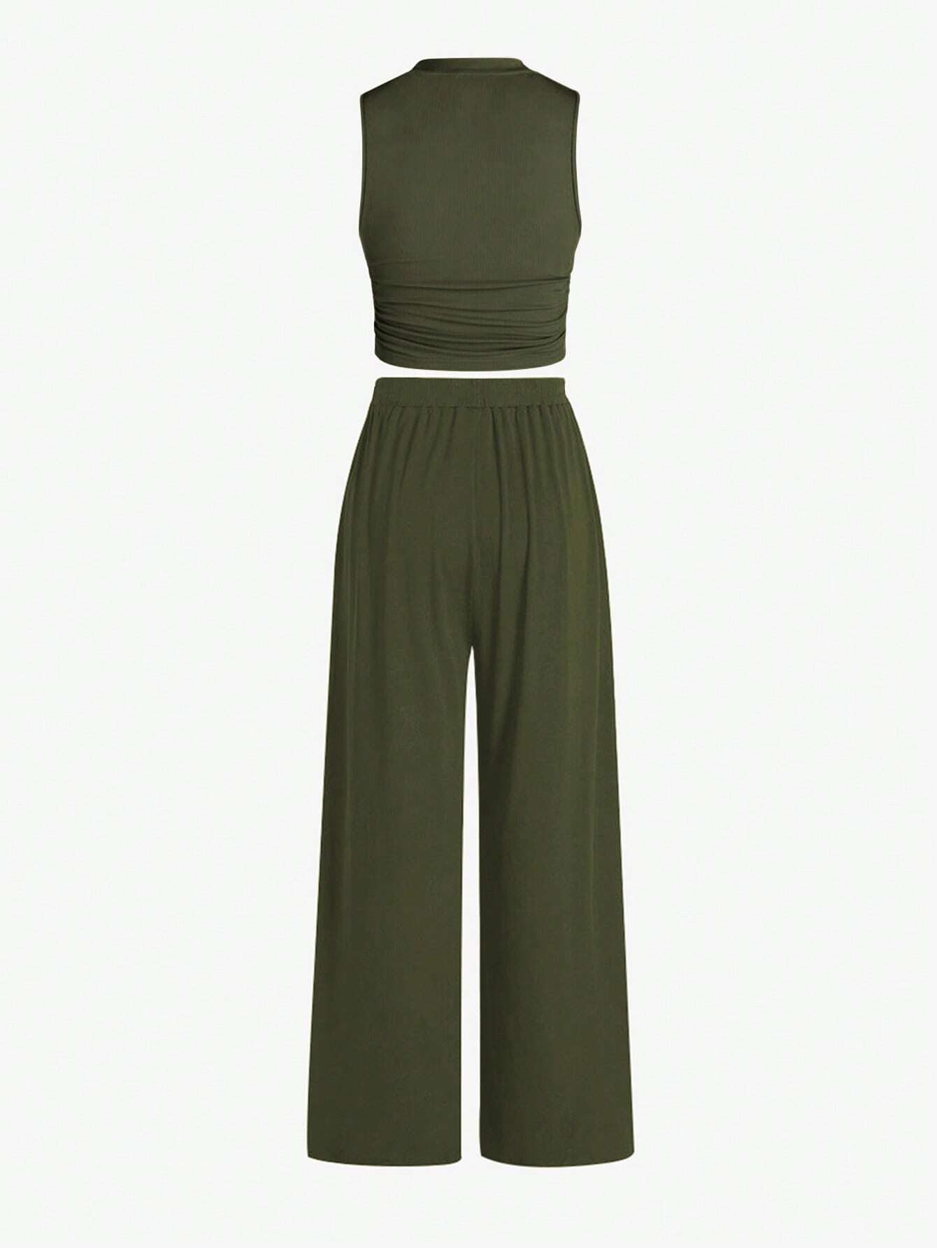 Essnce Summer Casual Solid Color Slim-Fit Ruched Crop Top And Long Pants Set shein