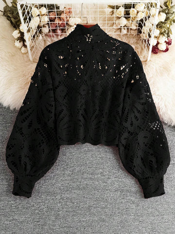 Unity Women Spring And Summer Stand-Up Collar Lace Loose Lantern Long-Sleeved Shirt