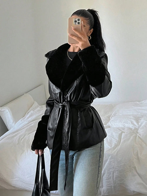 EZwear Solid Color Long Sleeve Casual PU Patchwork Waisted Jacket With Drawstring shein