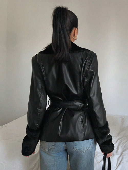 EZwear Solid Color Long Sleeve Casual PU Patchwork Waisted Jacket With Drawstring shein