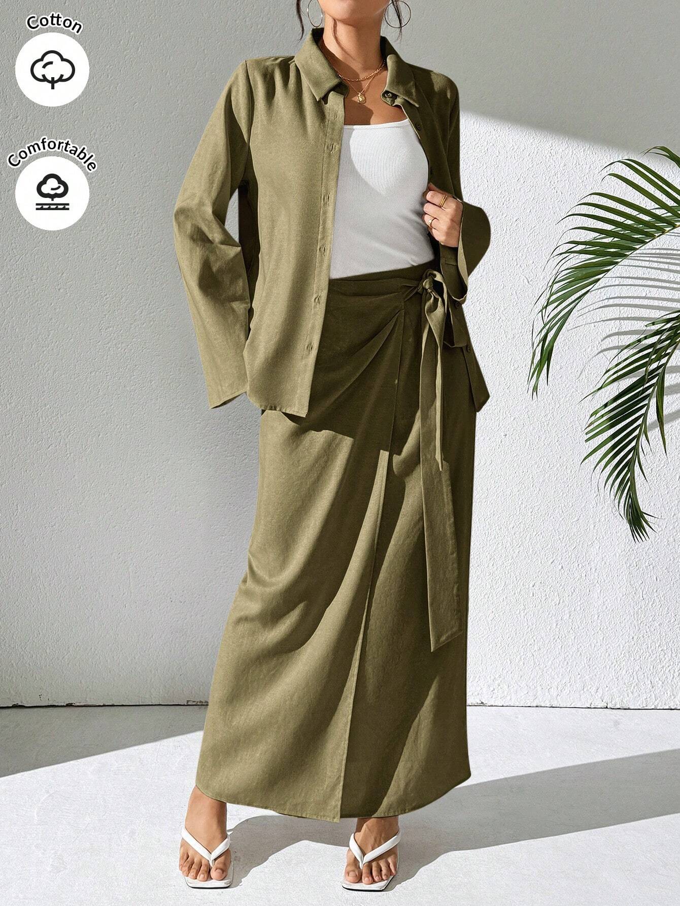Mulvari 2pcs Women's Casual Button-Up Shirt And A-Line Skirt Set shein