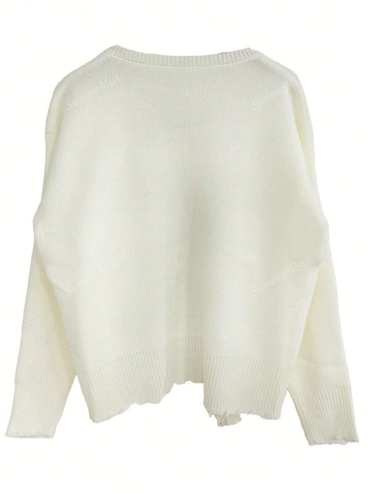 Solid Color Cardigan With Pearl Trimmed Distressed Hem