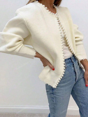 Solid Color Cardigan With Pearl Trimmed Distressed Hem