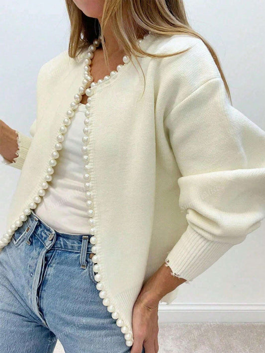 Solid Color Cardigan With Pearl Trimmed Distressed Hem