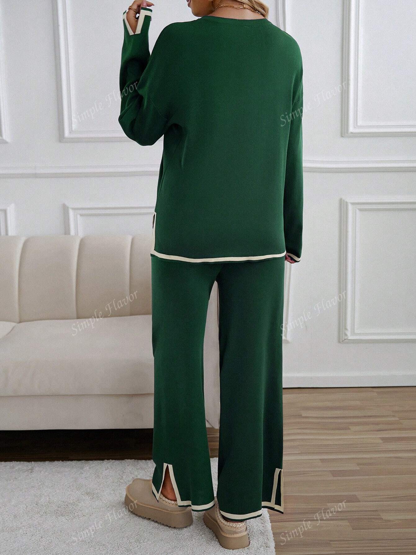 2pcs Women Casual Contrast Color Knit Sweater & Pants Set shein