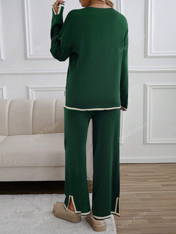 2pcs Women Casual Contrast Color Knit Sweater & Pants Set