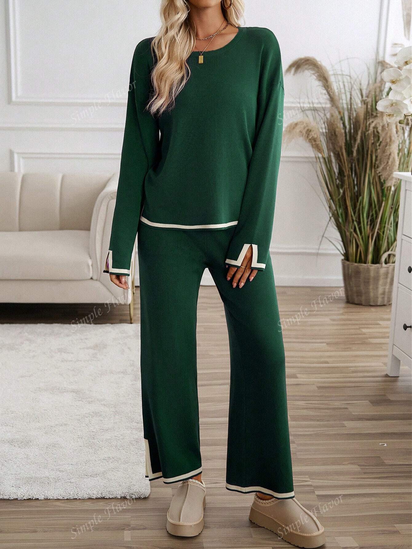 2pcs Women Casual Contrast Color Knit Sweater & Pants Set shein