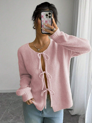 Essnce Trendy Front Tie Design Long Sleeve Cardigan