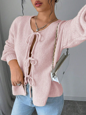 Essnce Trendy Front Tie Design Long Sleeve Cardigan