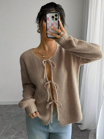 Essnce Trendy Front Tie Design Long Sleeve Cardigan