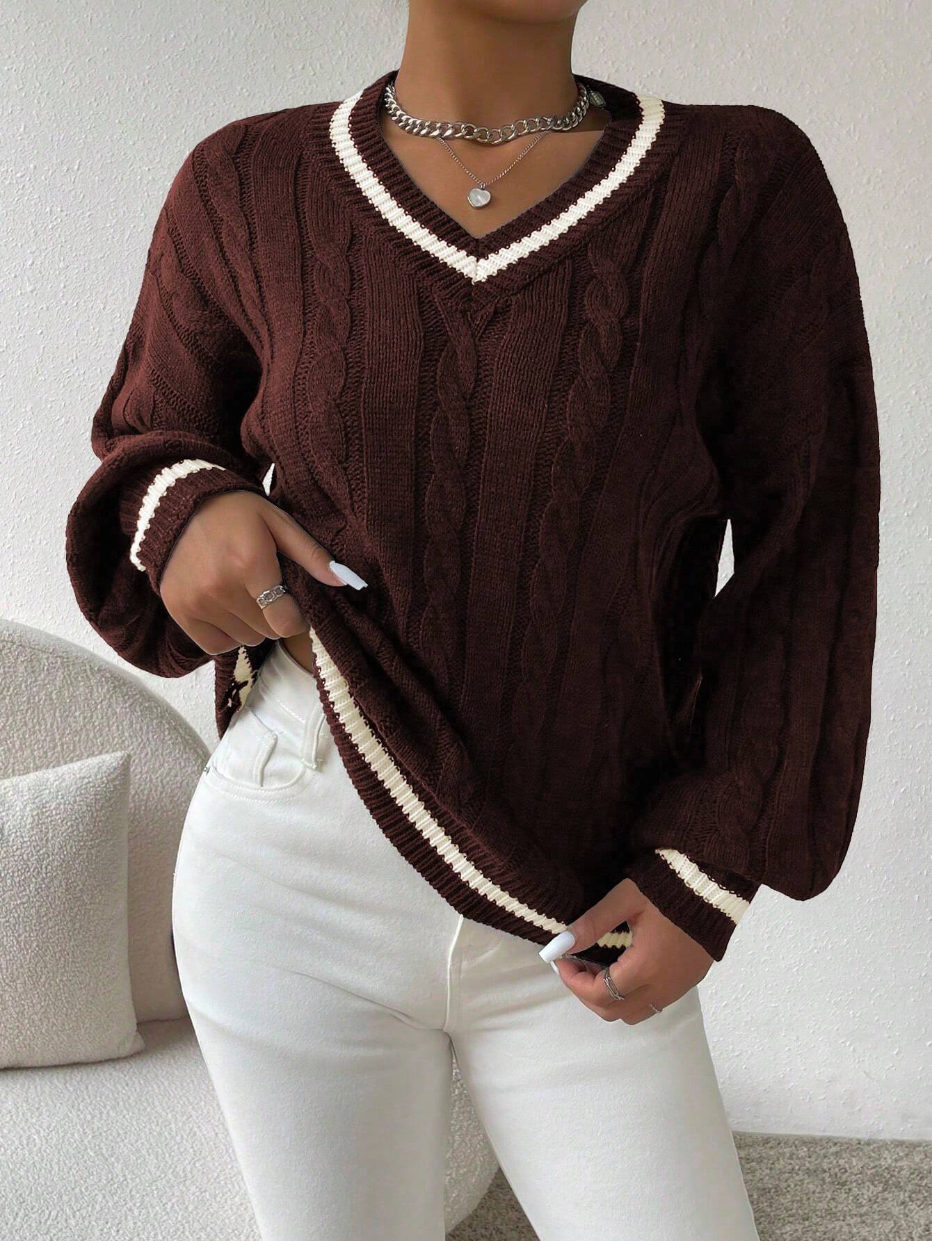 Relaxiva Striped Trim Cable Knit Drop Shoulder Sweater shein