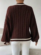 Relaxiva Striped Trim Cable Knit Drop Shoulder Sweater shein