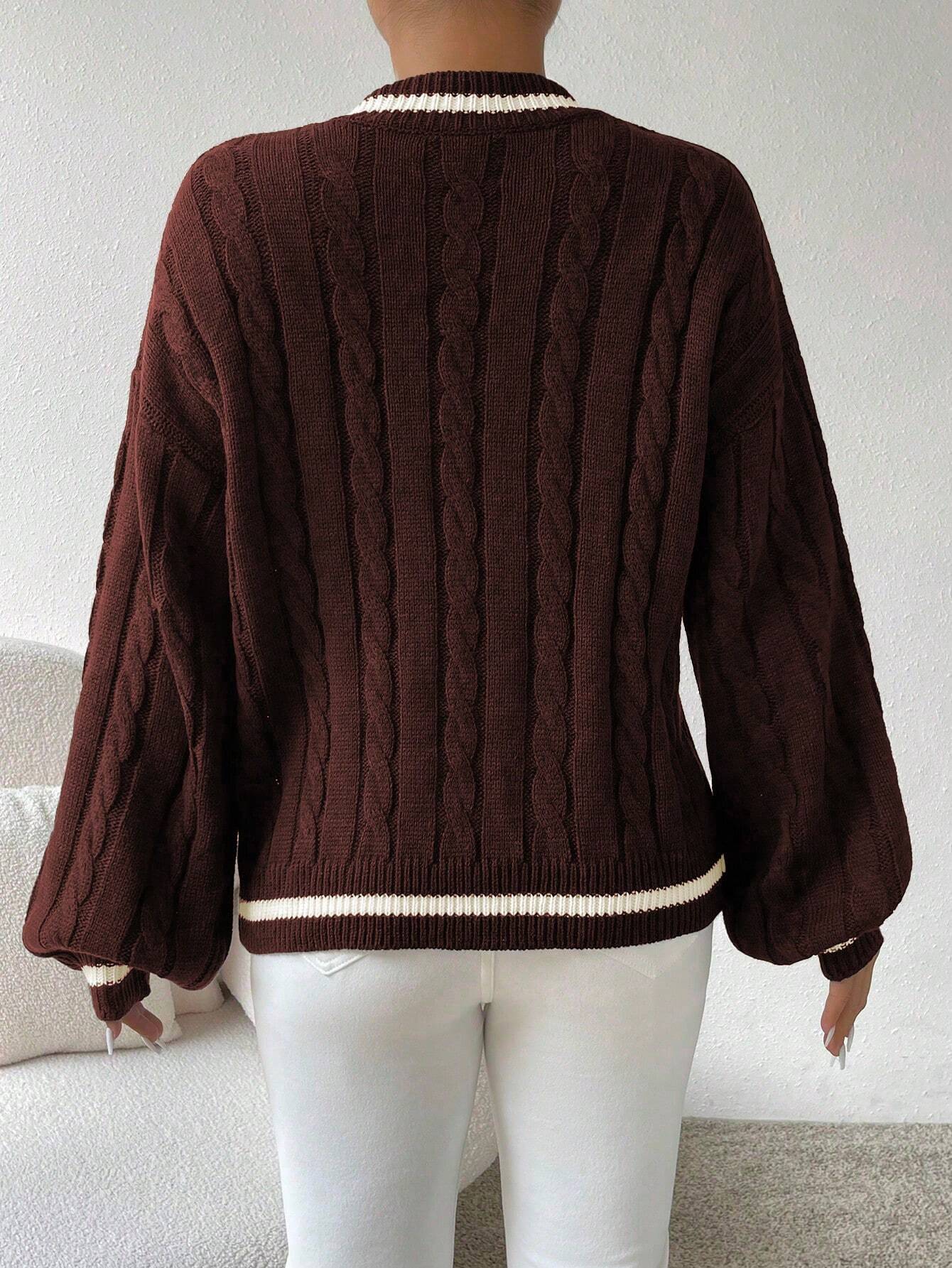 Relaxiva Striped Trim Cable Knit Drop Shoulder Sweater shein