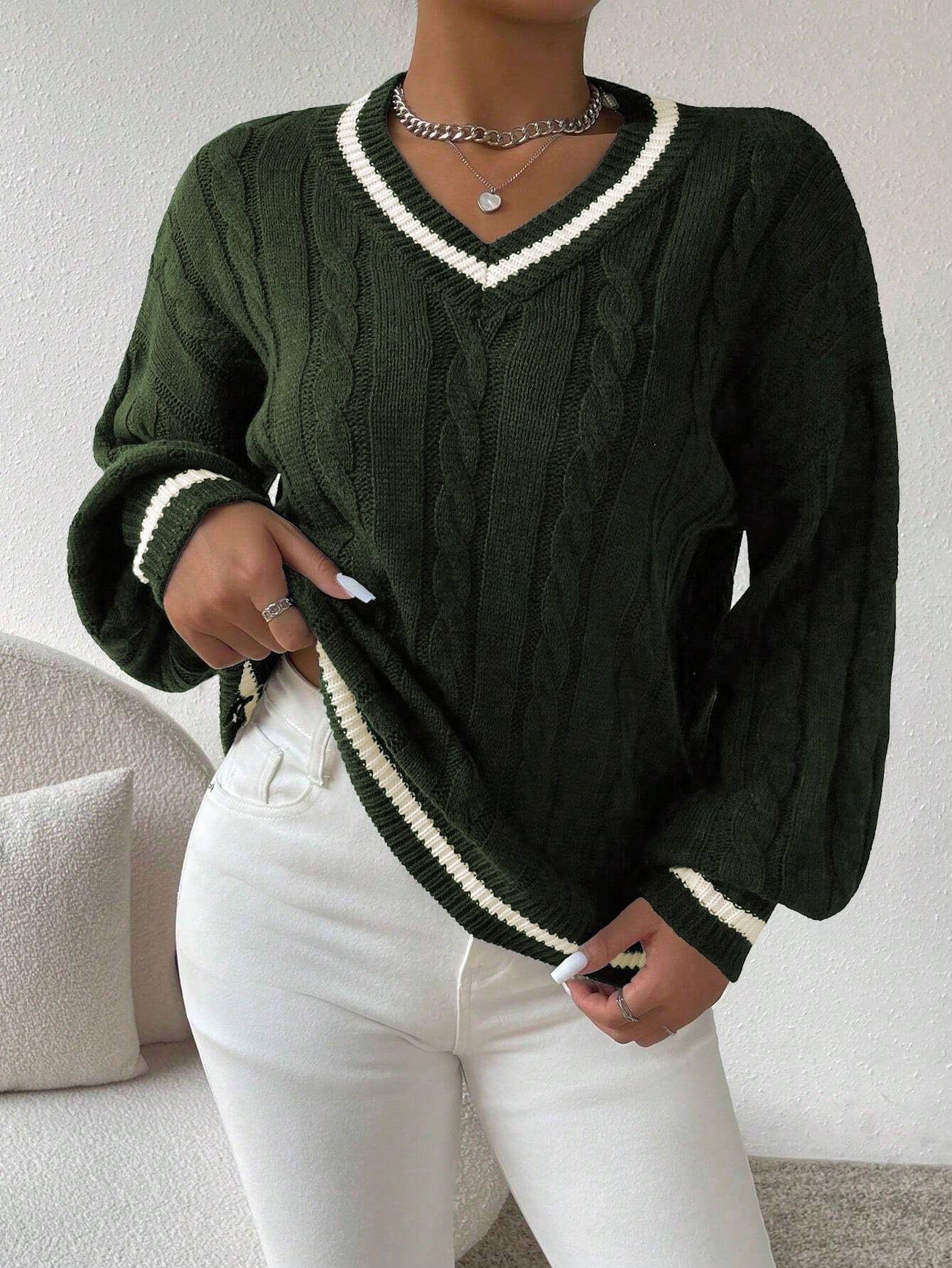 Relaxiva Striped Trim Cable Knit Drop Shoulder Sweater shein