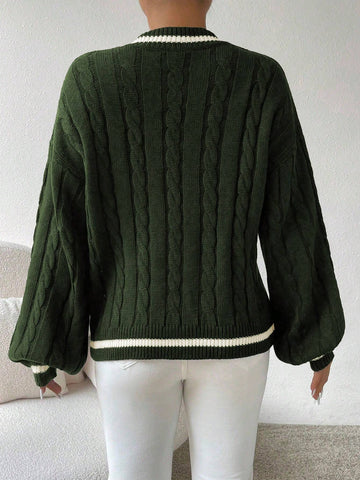 Relaxiva Striped Trim Cable Knit Drop Shoulder Sweater