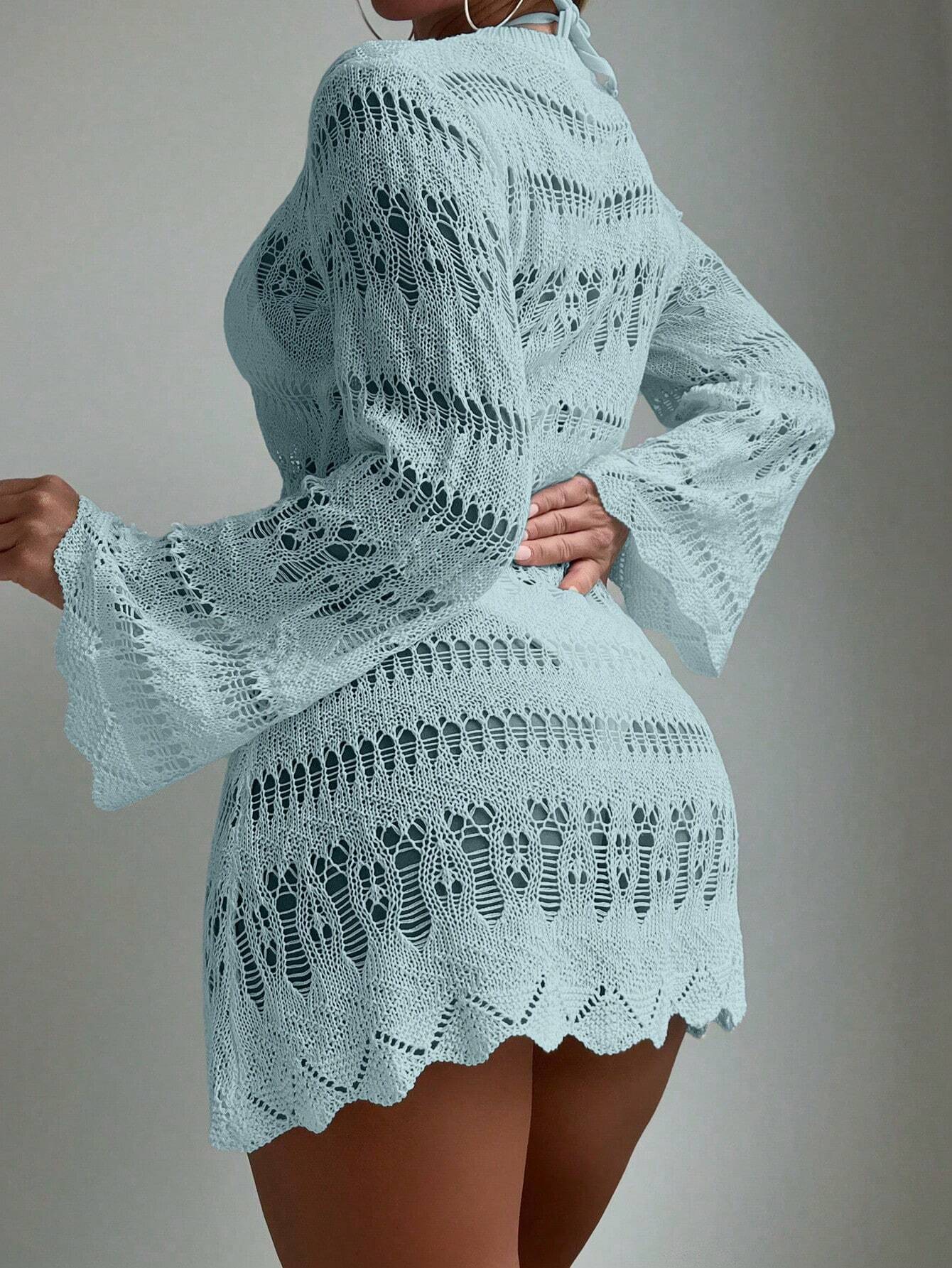 Swim Summer Beach Hollow Out Scallop Trim Cover Up Dress Without Bikini shein