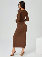 PETITE Autumn Wear Solid Color Square Neck Tight Black Long-Sleeved Dress shein