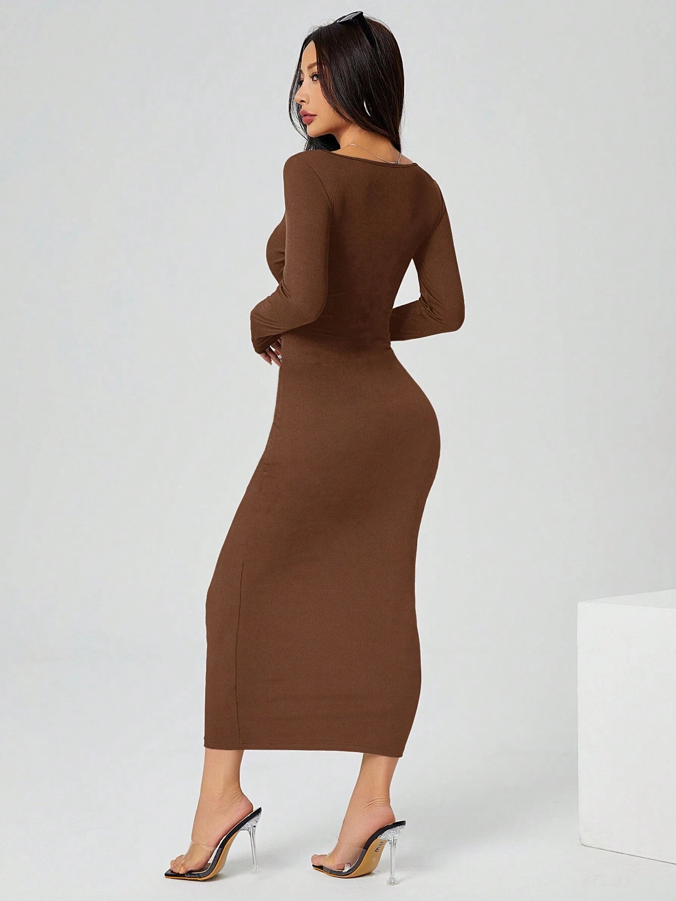 PETITE Autumn Wear Solid Color Square Neck Tight Black Long-Sleeved Dress shein