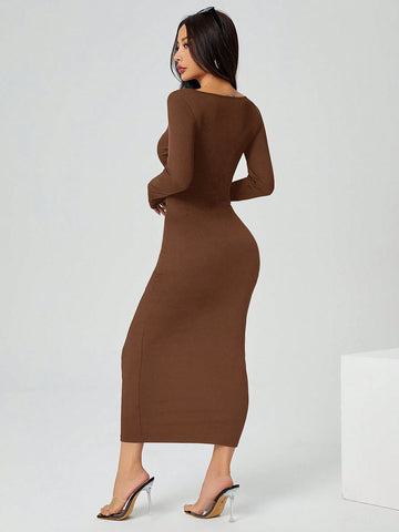 PETITE Autumn Wear Solid Color Square Neck Tight Black Long-Sleeved Dress