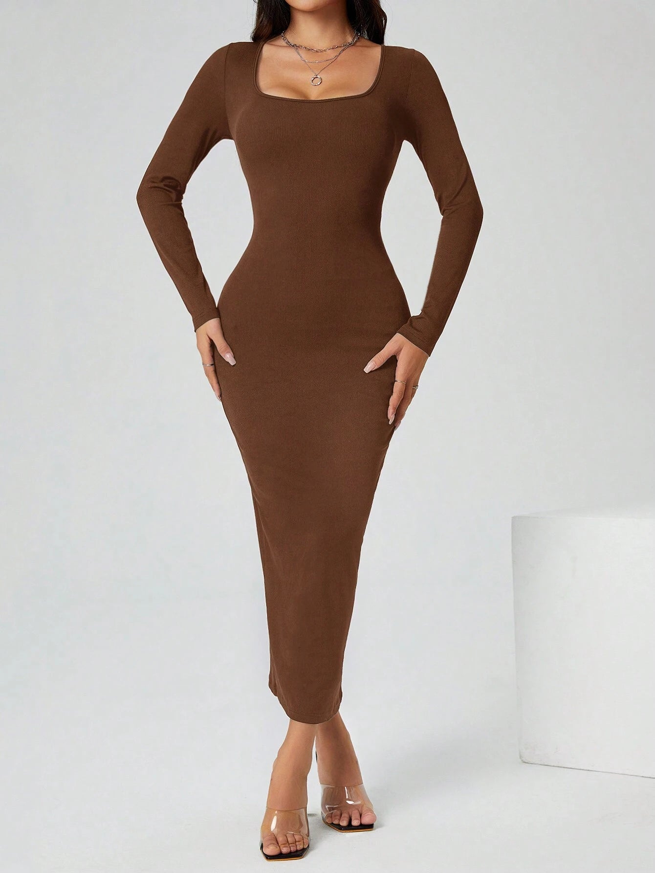 PETITE Autumn Wear Solid Color Square Neck Tight Black Long-Sleeved Dress shein