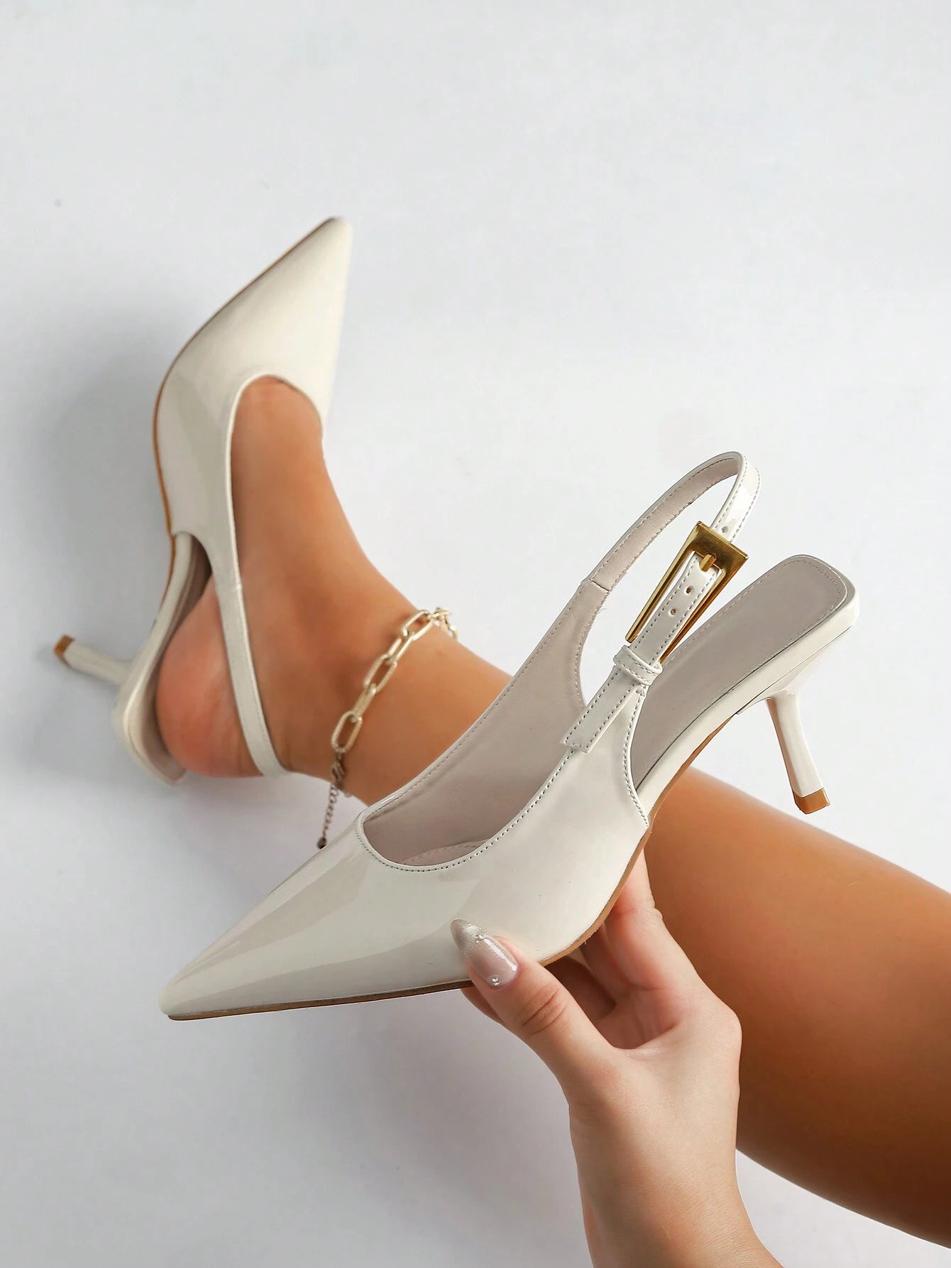 Women's Pointed Toe Fashion Button Detail Patent Leather Slip-On Heeled Pumps shein