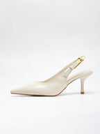Women's Pointed Toe Fashion Button Detail Patent Leather Slip-On Heeled Pumps shein