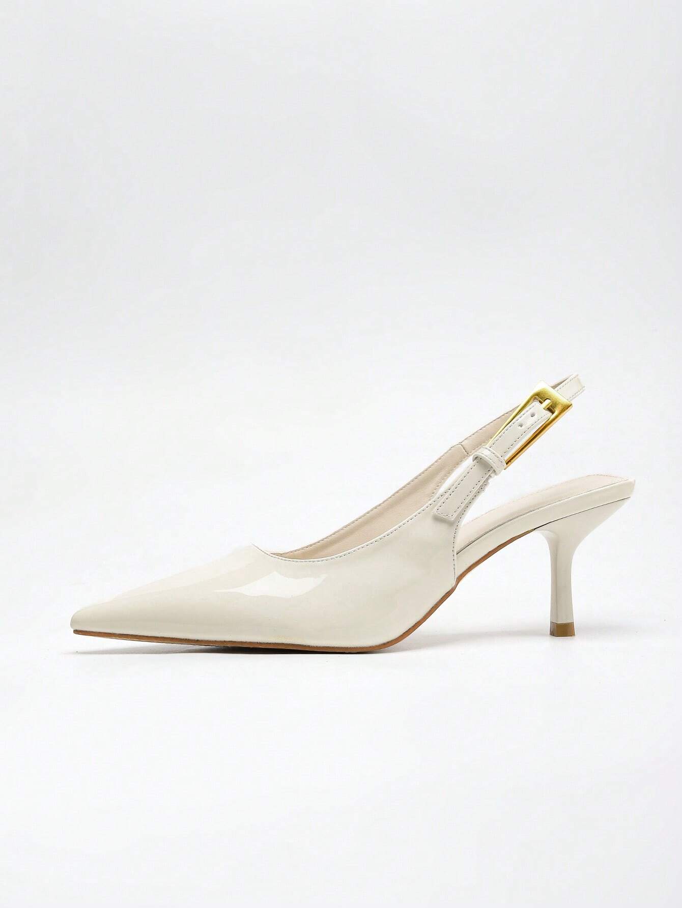 Women's Pointed Toe Fashion Button Detail Patent Leather Slip-On Heeled Pumps shein