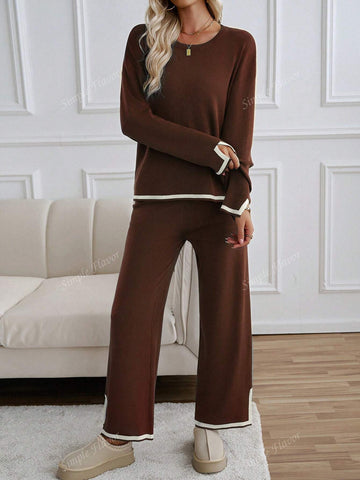 2pcs Women Casual Contrast Color Knit Sweater & Pants Set