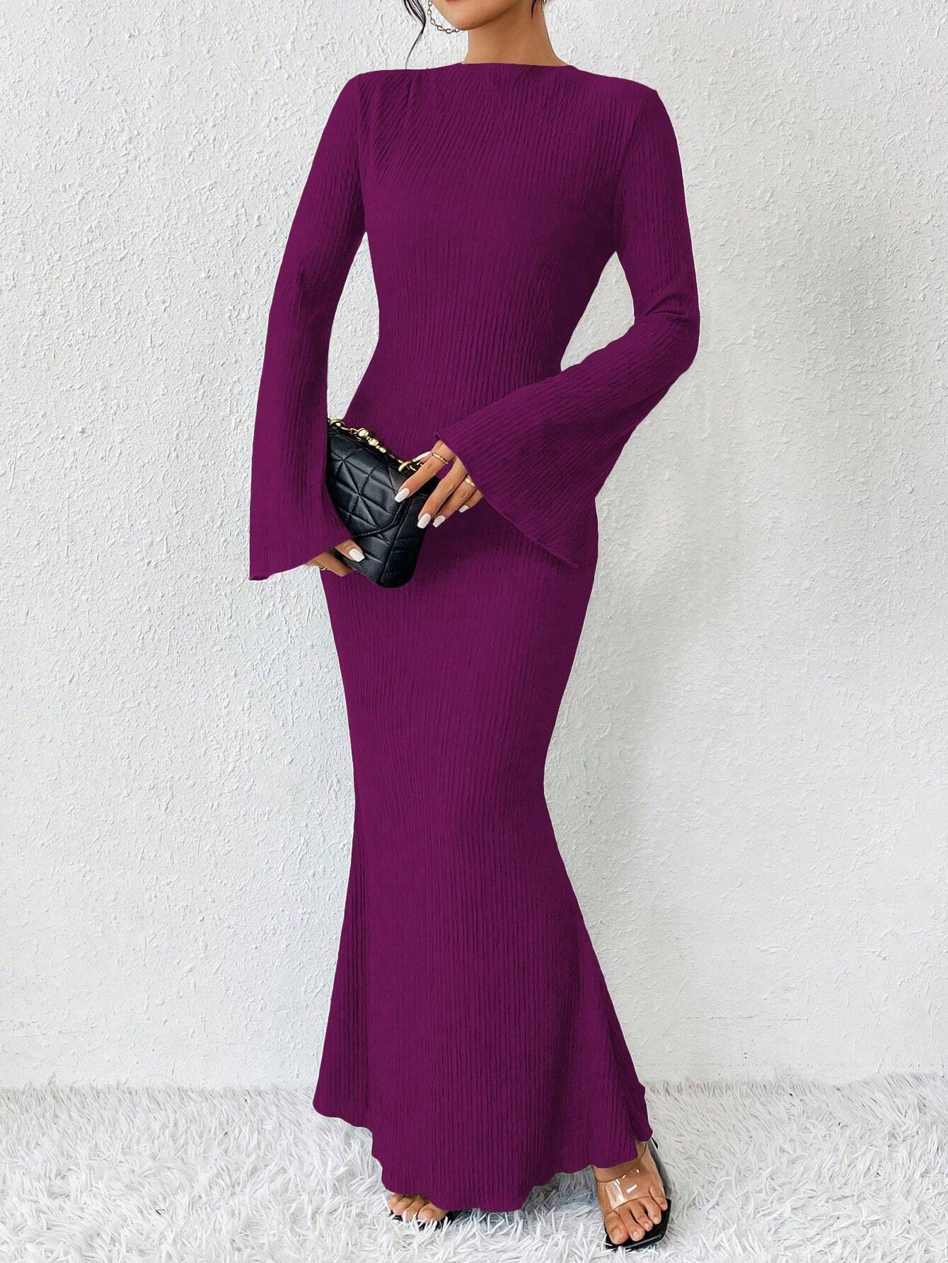 Rafferiza Solid Color Long Bell Sleeve Women's Dress shein