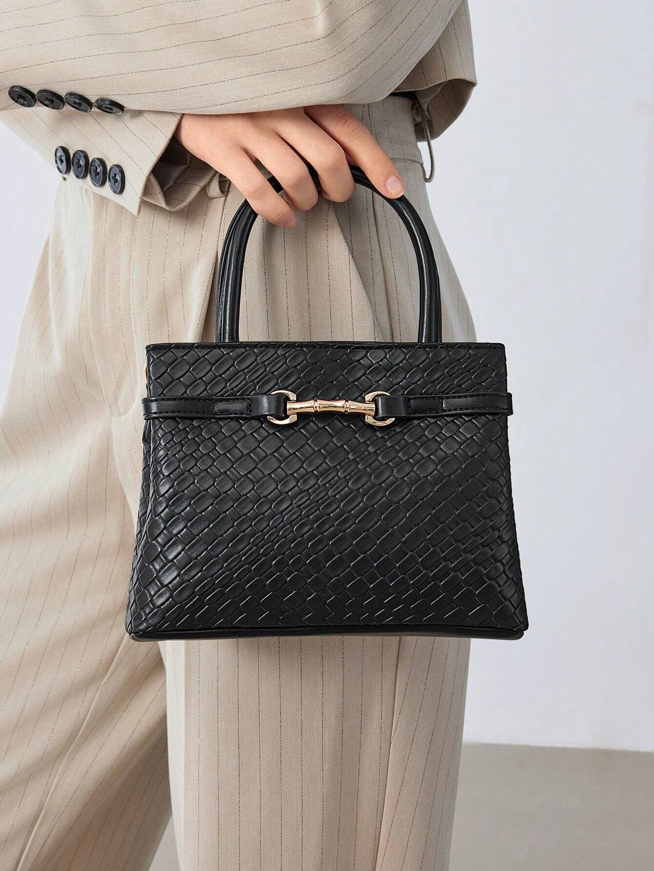 MOTF PREMIUM LADIES COMMUTER CHIC SOLID COLOR CROCODILE EMBOSSED METAL BUCKLE DECOR HANDBAG shein