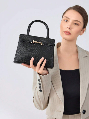MOTF PREMIUM LADIES COMMUTER CHIC SOLID COLOR CROCODILE EMBOSSED METAL BUCKLE DECOR HANDBAG