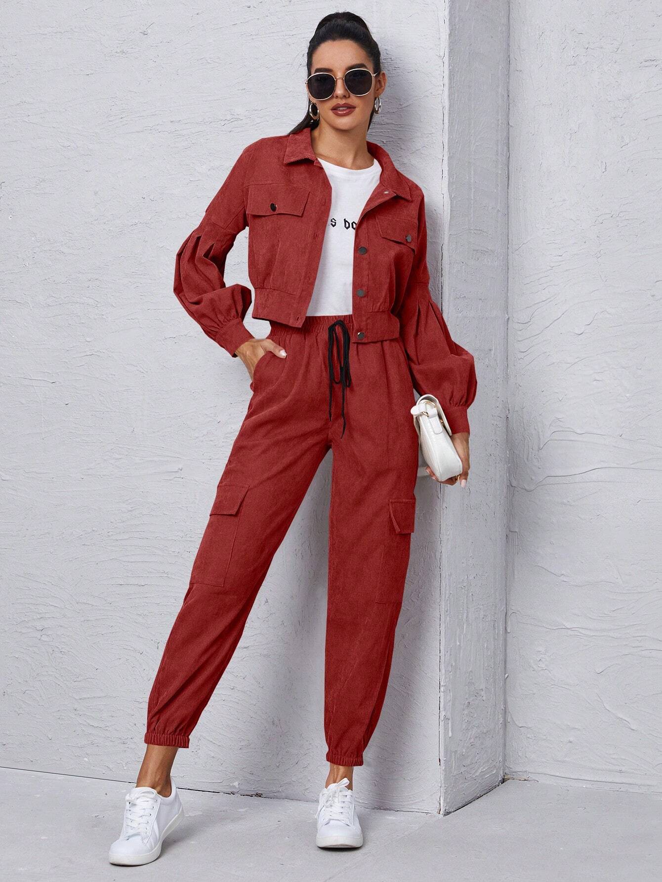 Mulvari Corduroy Flap Detail Jacket With Tie Front Cargo Pants shein