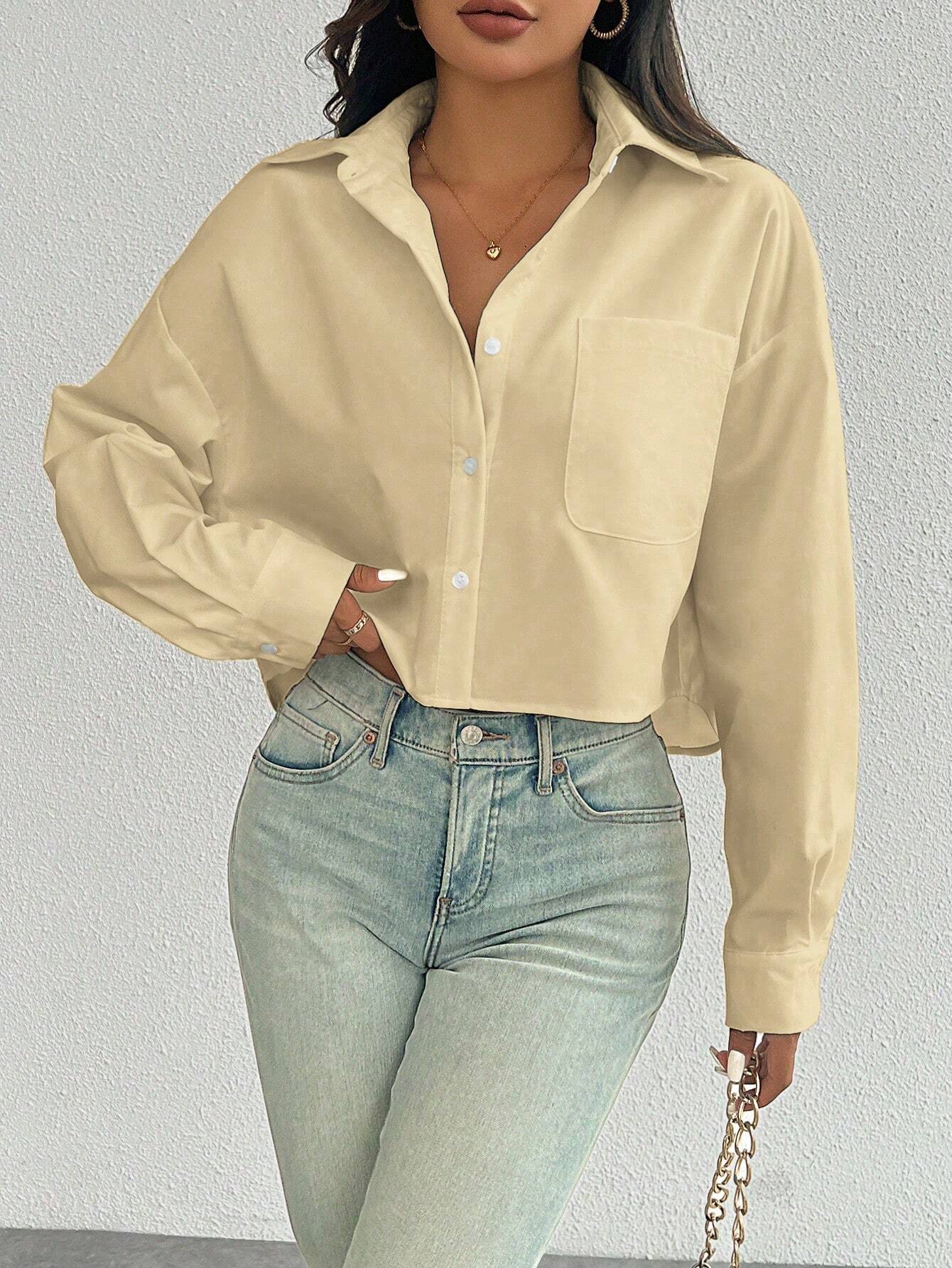 ChicEase Women Plain Button Front Long Sleeve Pocket Casual Shirt shein