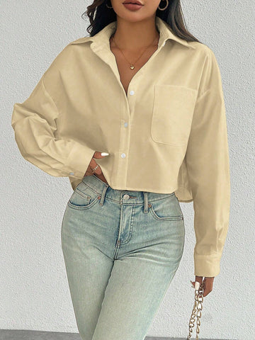 ChicEase Women Plain Button Front Long Sleeve Pocket Casual Shirt