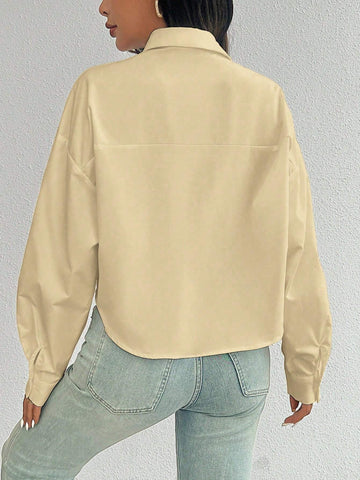 ChicEase Women Plain Button Front Long Sleeve Pocket Casual Shirt