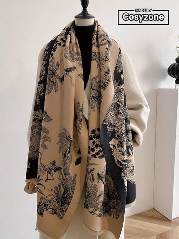 1pc Women's Reversible Imitation Cashmere Floral Printed Warm Scarf Shawl