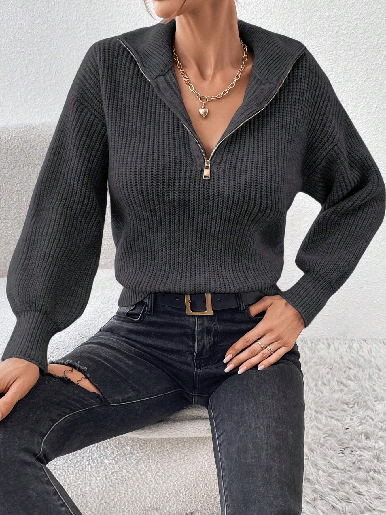 Frenchy Half Zip Drop Shoulder Grain Sweater shein