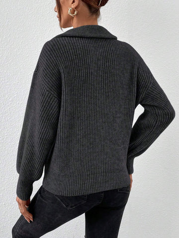 Frenchy Half Zip Drop Shoulder Grain Sweater