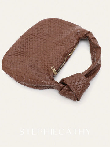 Fashionable Woven Embossed Soft PU Vegan Leather Knotted Strap Small Top-Handle Shoulder Hobo Bag