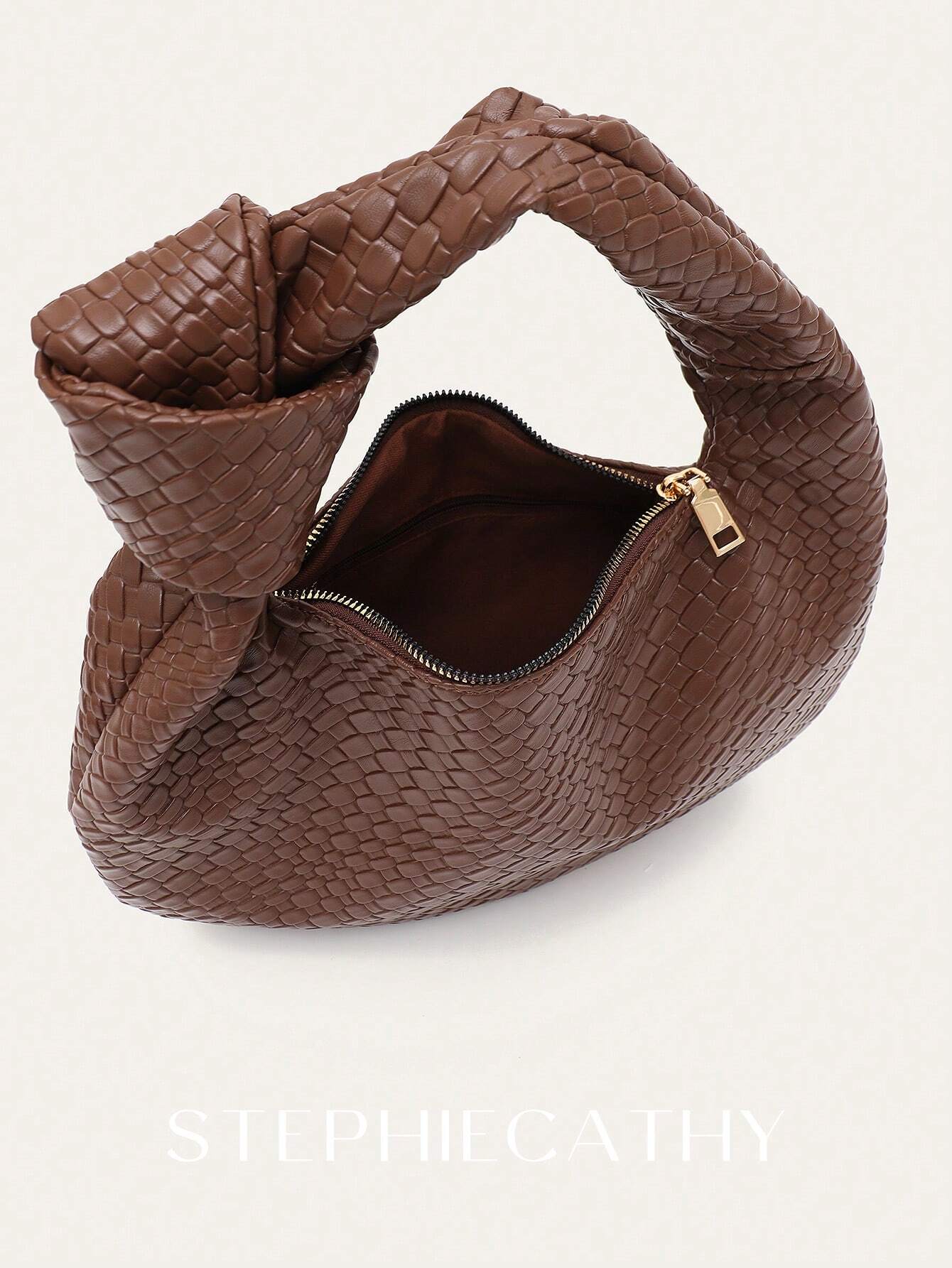 Fashionable Woven Embossed Soft PU Vegan Leather Knotted Strap Small Top-Handle Shoulder Hobo Bag shein