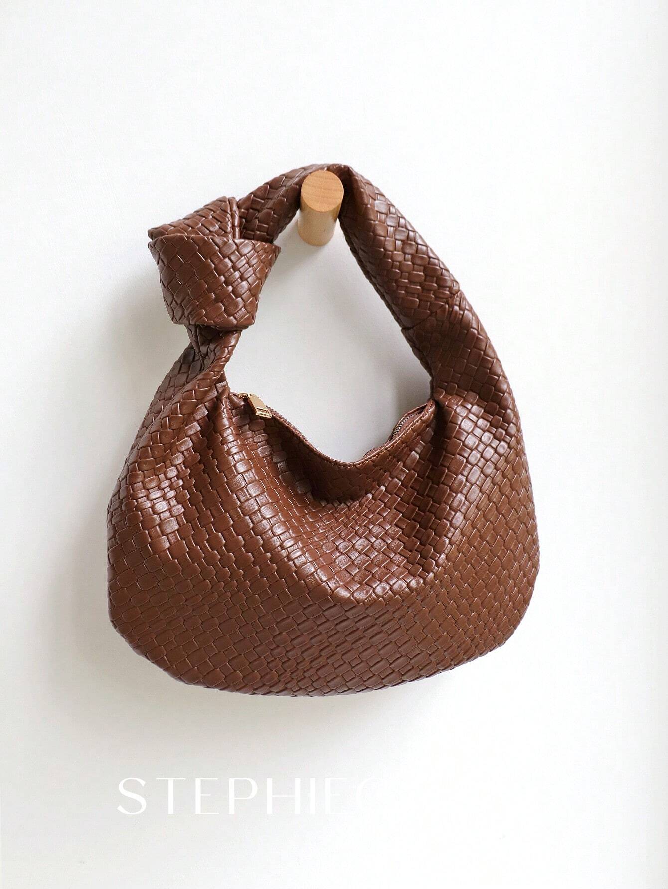 Fashionable Woven Embossed Soft PU Vegan Leather Knotted Strap Small Top-Handle Shoulder Hobo Bag shein