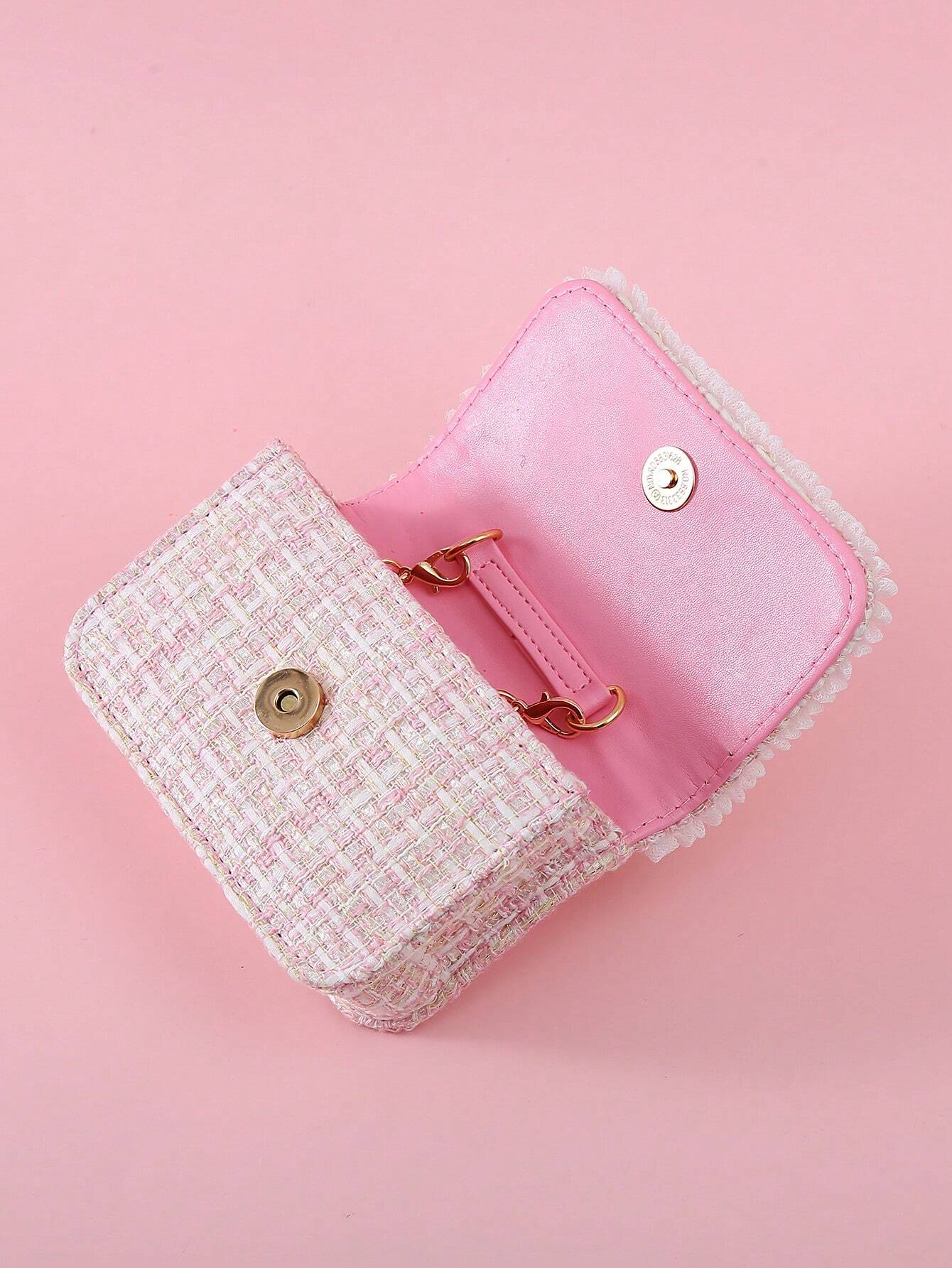 1pc Mini Girls' Cloth Shoulder Bag With Bowknot, Pearl Beads, Lace Edge And Metal Chain shein